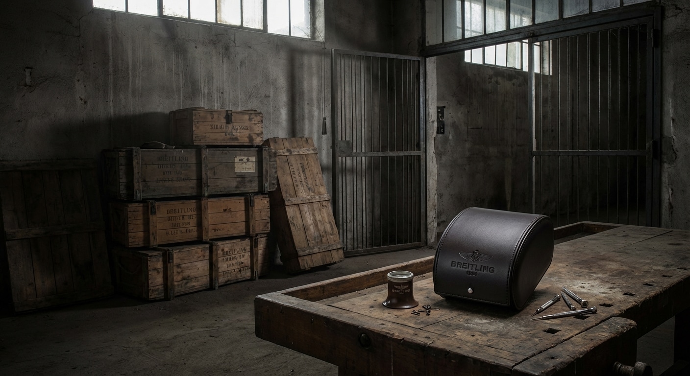 A dimly lit factory floor with empty wooden crates stacked against a concrete wall indicating sudden departure