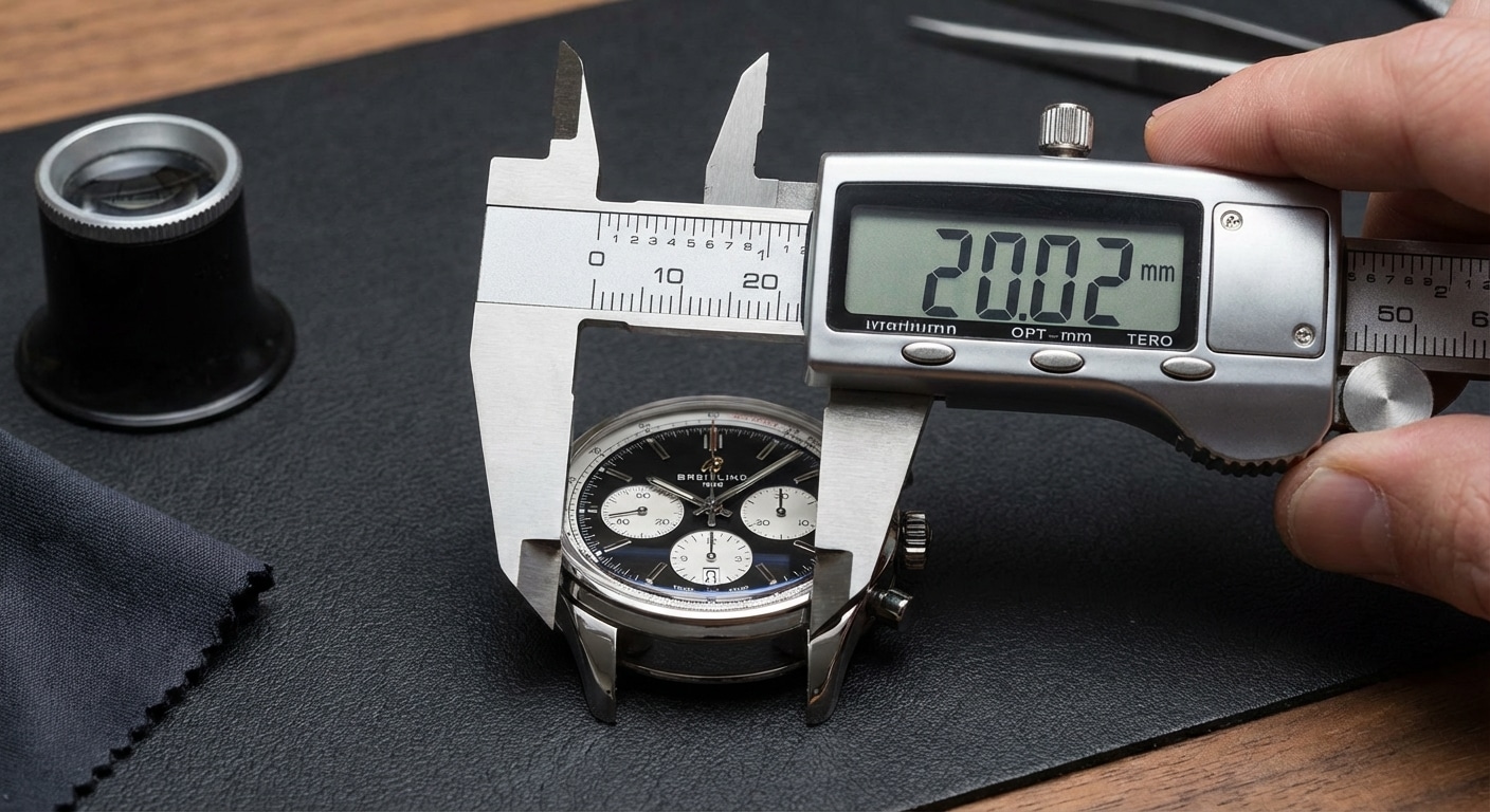 Digital calipers measuring the lug width of a steel watch case to detect mold wear variance