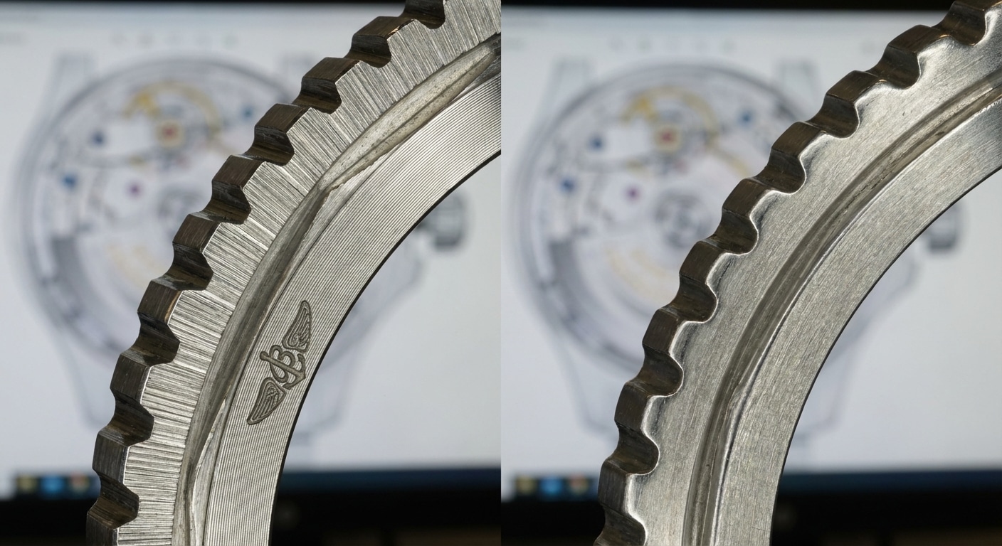Microscopic view of bezel teeth showing machine marks versus stamped finish