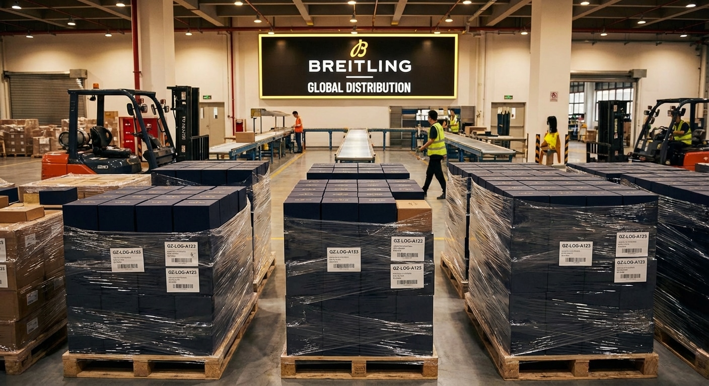 Stacks of watch boxes labeled with factory codes ready for shipment at a Guangzhou logistics hub