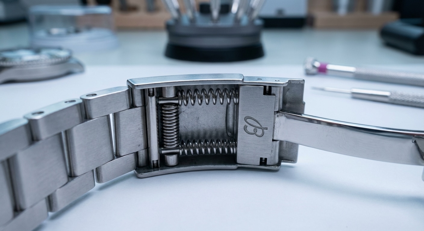 Microscopic view of bracelet clasp mechanisms showing spring bar tension differences