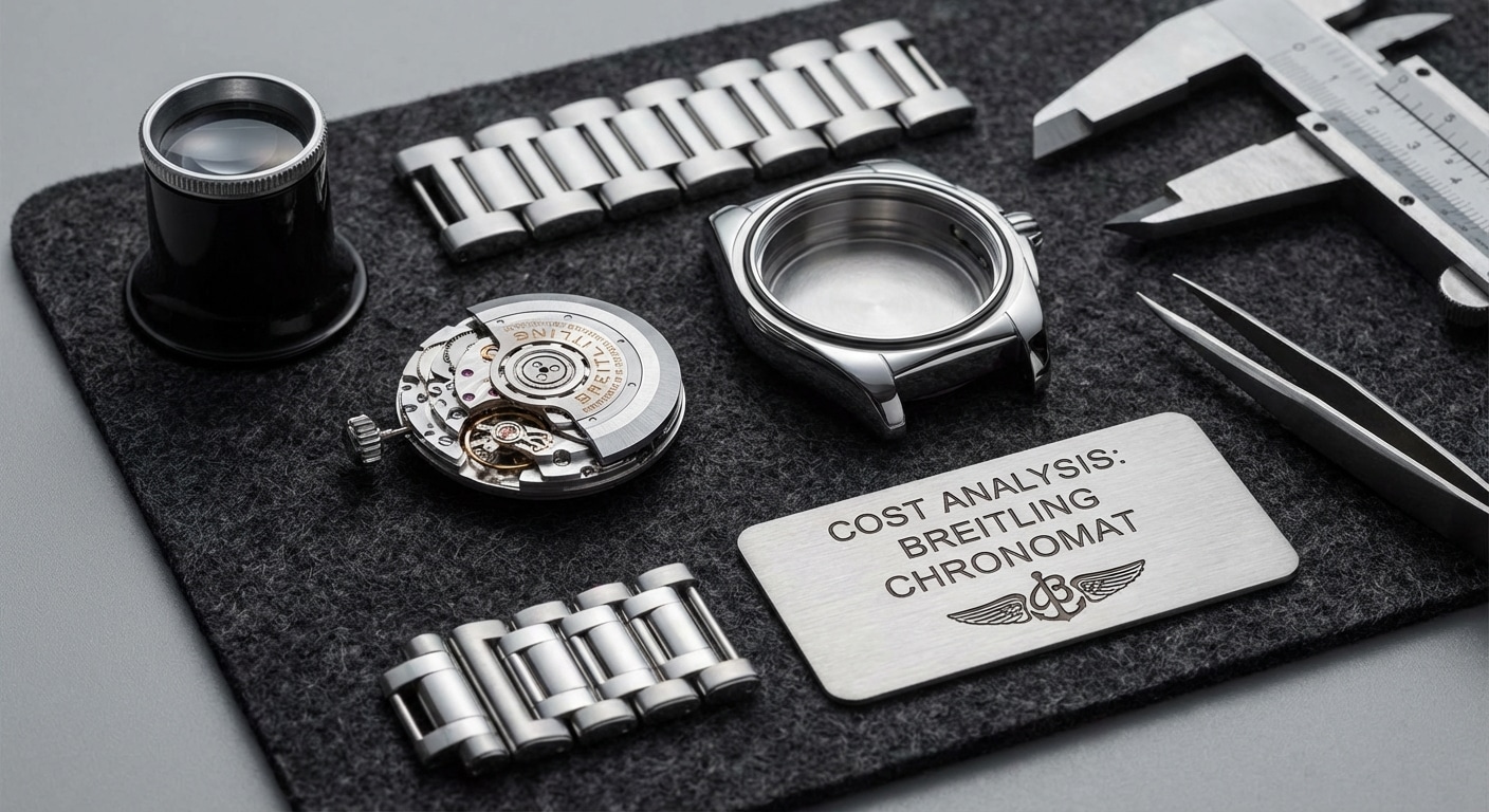Disassembled watch components laid out on a gray mat showing movement, case, and bracelet separated for cost analysis
