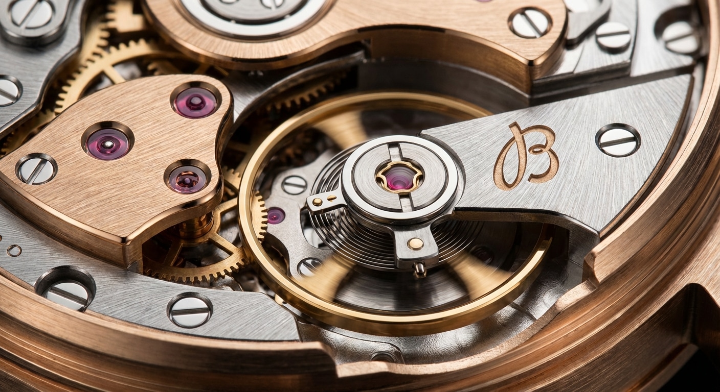 Close-up macro shot of a watch movement showing the balance wheel and jewels under bright lighting
