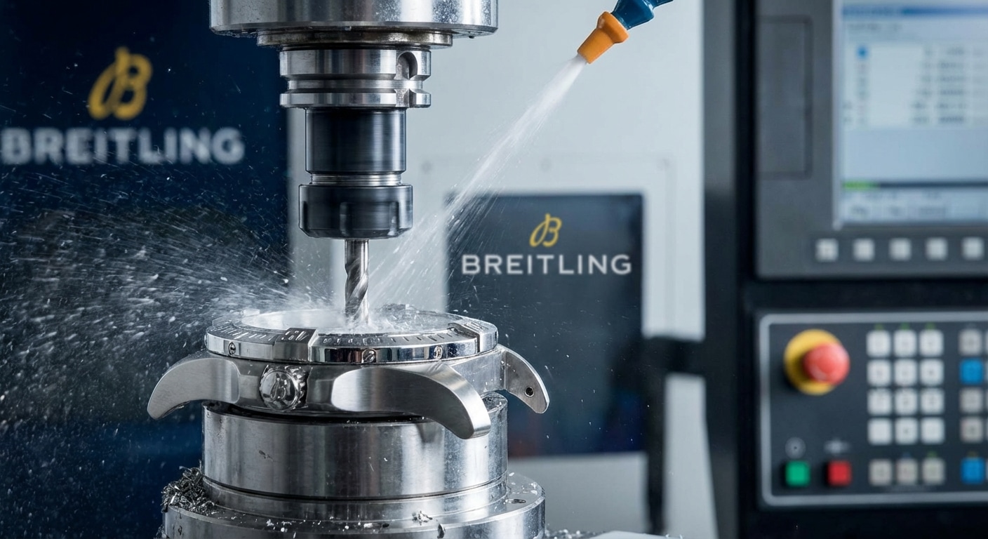 Close-up macro shot of a CNC machine cutting steel watch case components with coolant spray