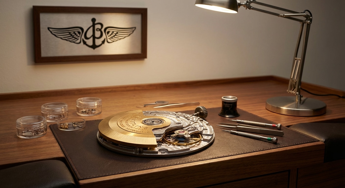 Disassembled watch movement on a watchmaker's bench showing the rotor and balance wheel assembly