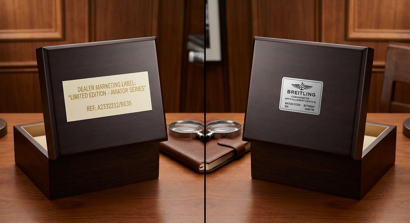 Comparison of dealer marketing labels versus actual factory batch codes on watch packaging