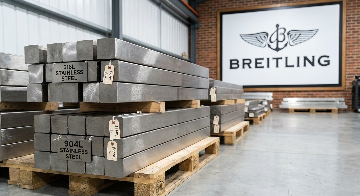 Stacks of industrial metal bars labeled 316L and 904L sitting on a warehouse floor with price tags visible