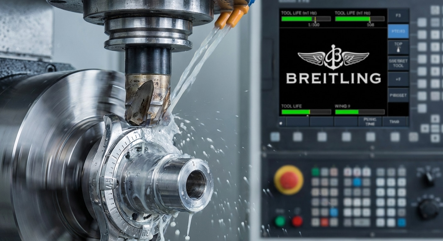 Close-up of a CNC machine cutting metal with visible coolant spray and tool wear indicators