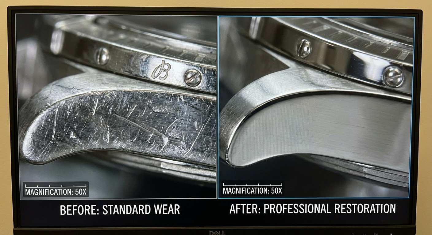 Side-by-side comparison of scratched metal surfaces under magnification showing wear patterns