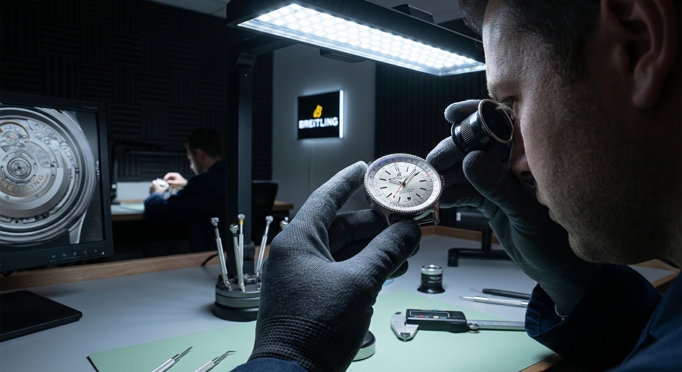 A dimly lit inspection room with high intensity LED panels and a technician wearing anti-static gloves examining a watch case