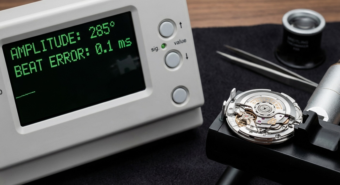 A close-up view of a timegrapher machine displaying amplitude and beat error metrics for a movement