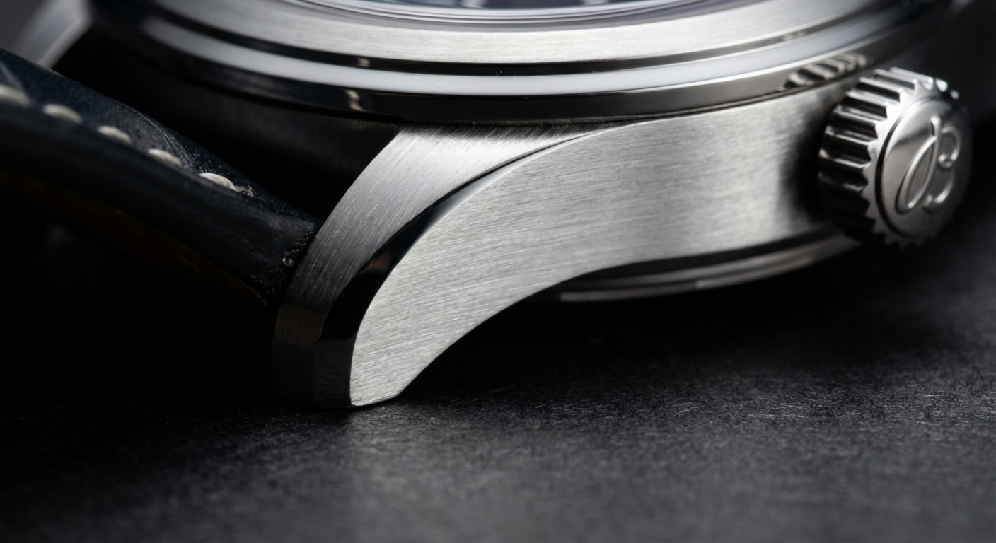 Macro photography showing the brushing grain alignment on watch lugs under angled lighting
