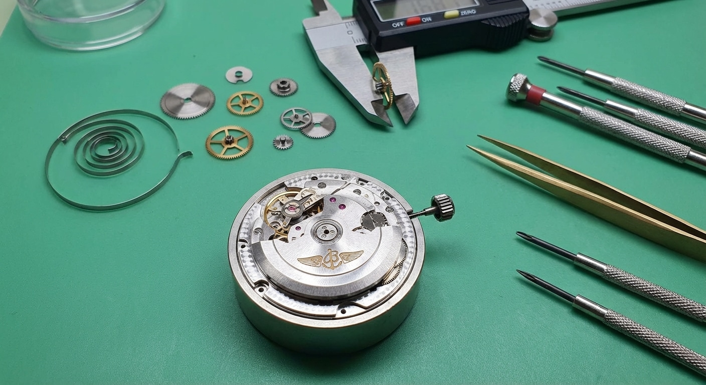 A disassembled Breitling Navitimer movement laid out on a green anti-static mat with calipers measuring component thickness