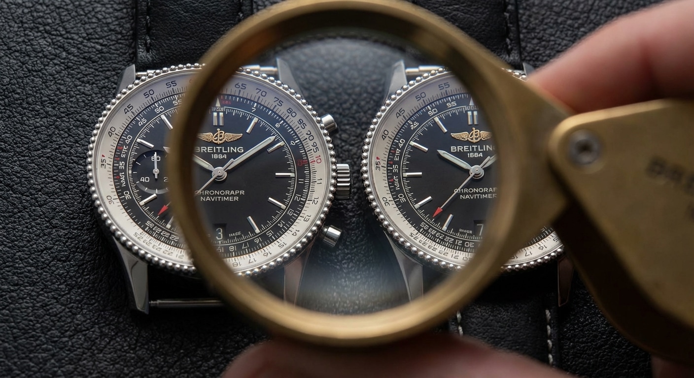 Two Breitling Navitimer replicas side by side under a loupe showing identical bezel tooth geometry and dial printing