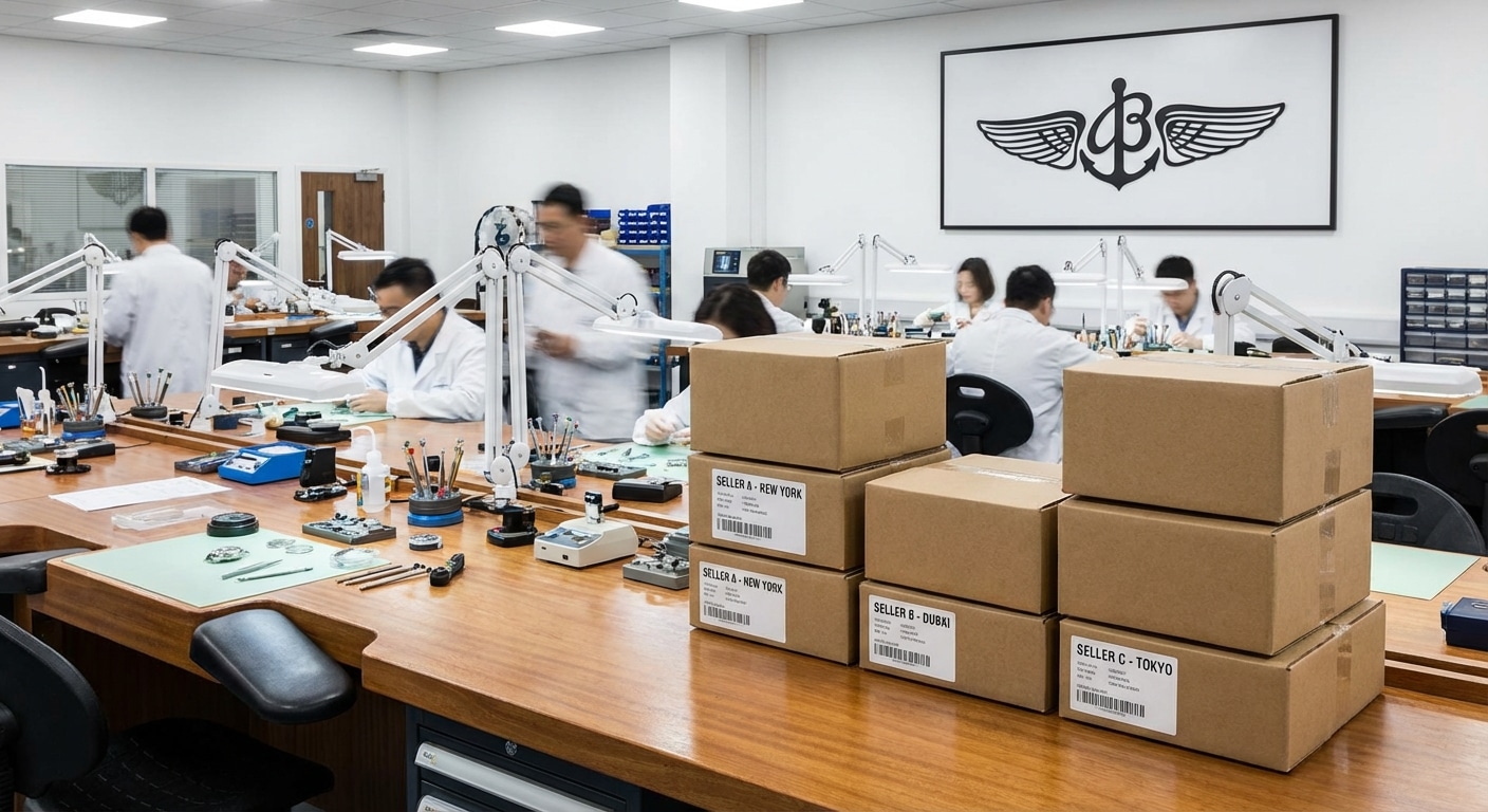 A wide shot of a Guangzhou watch assembly workshop showing multiple boxes labeled for different sellers on the same workbench