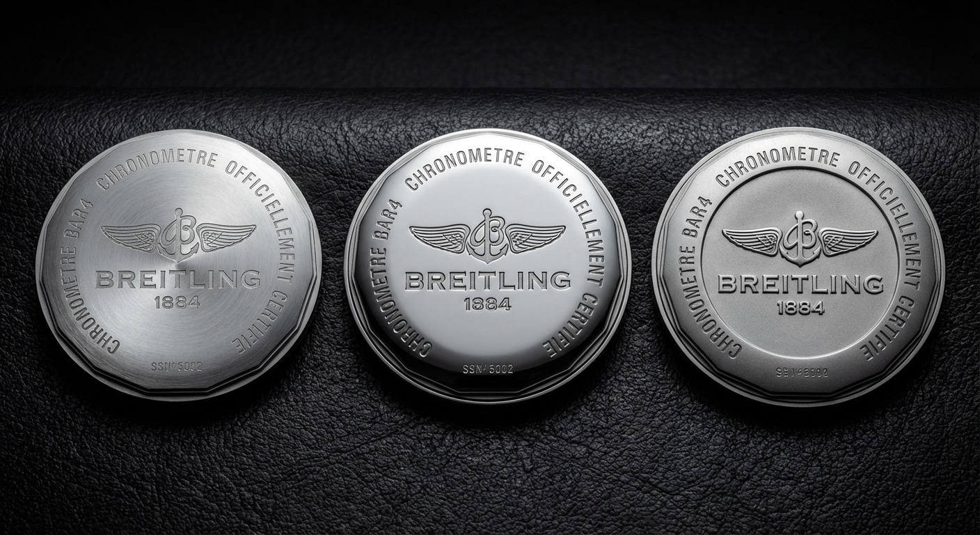 A comparative display of three different Breitling replica case backs showing varying engraving depths and finishes