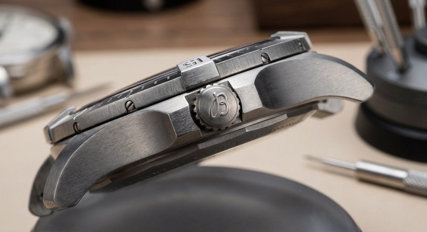 Close-up macro shot of a GF factory Avenger case showing brushed titanium texture and sharp edge geometry