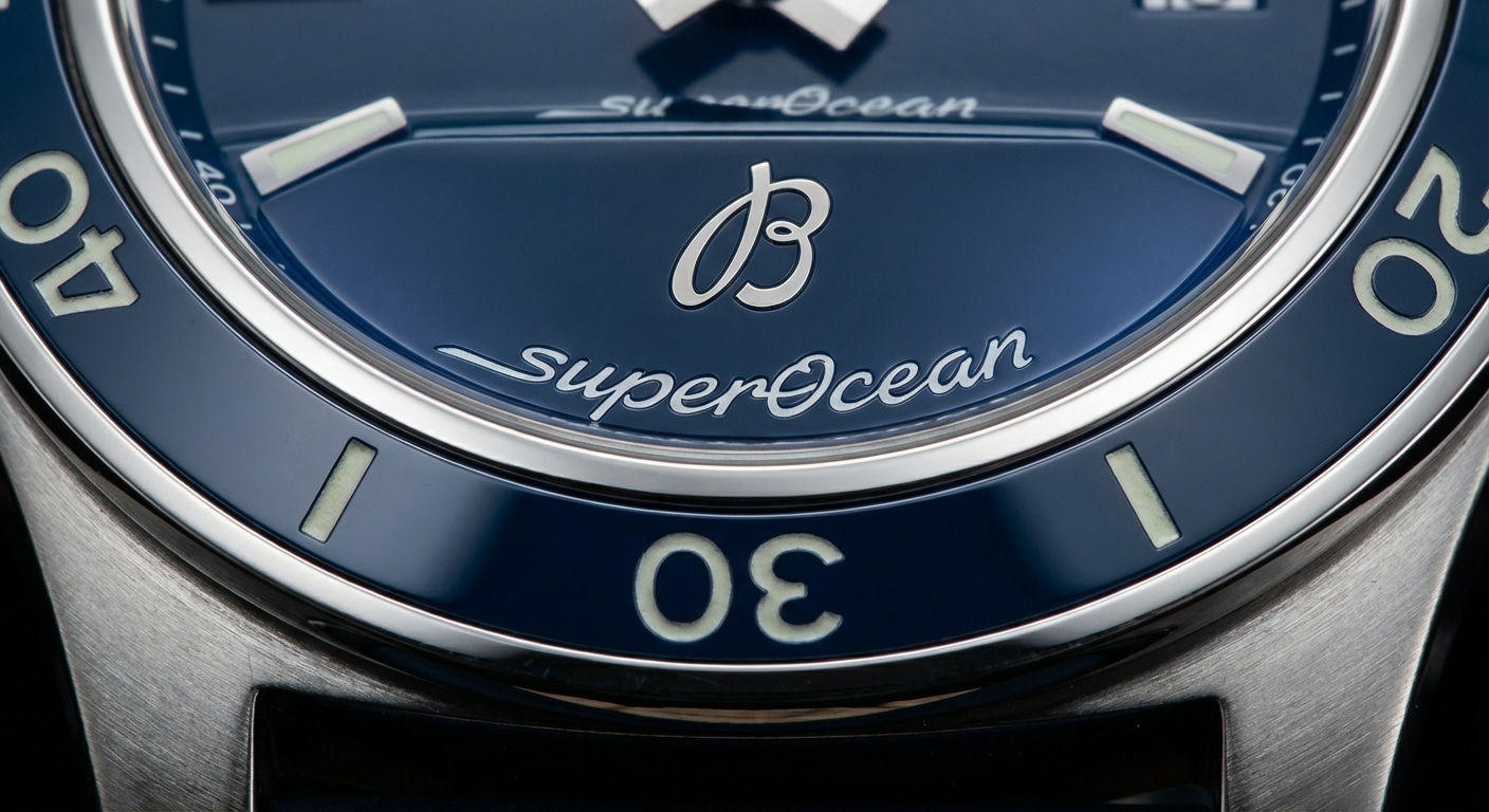 Macro view of a BLS factory Superocean ceramic bezel insert showing color depth and edge integration