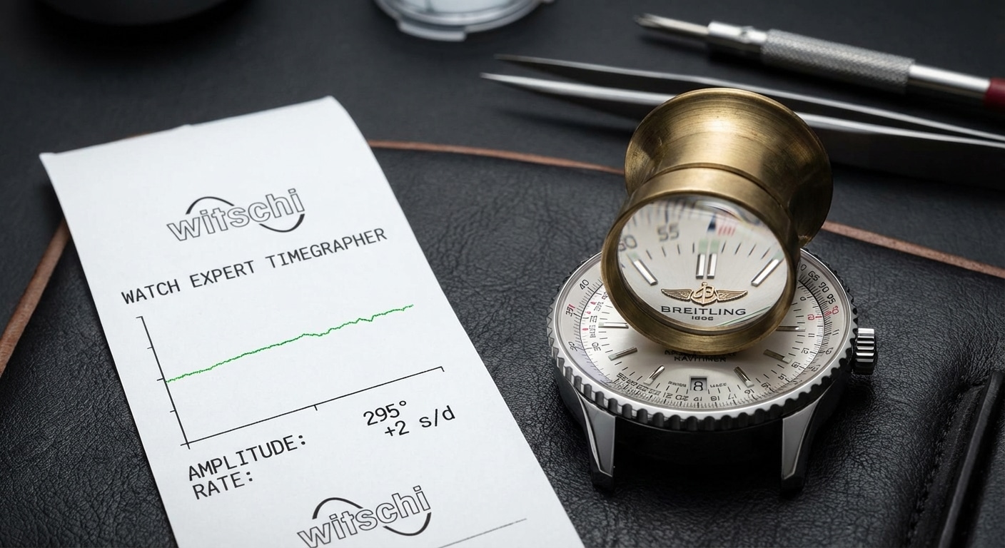 A macro comparison shot showing a dial under loupe magnification next to a timegrapher printout displaying amplitude consistency