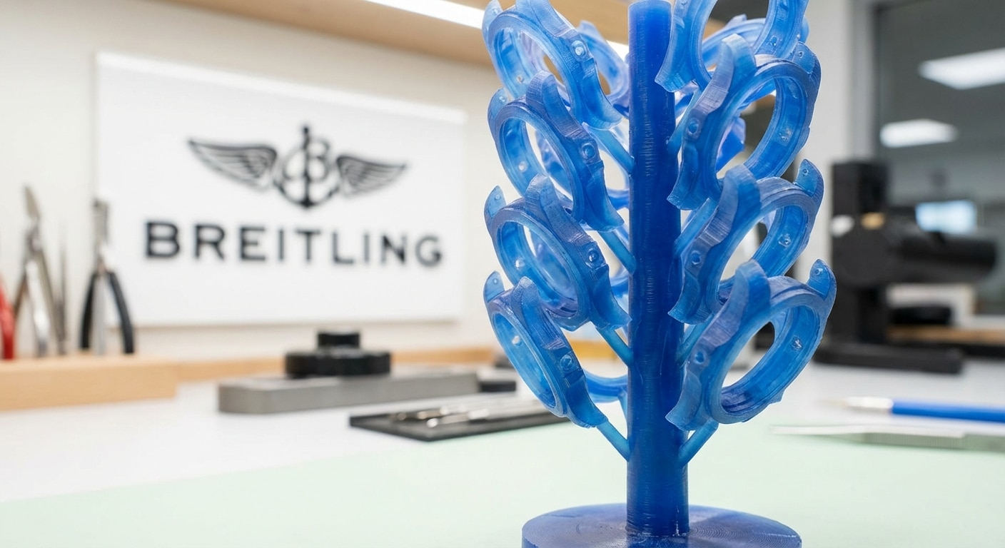 Close-up view of a 3D printed wax tree structure showing intricate lug geometry before casting
