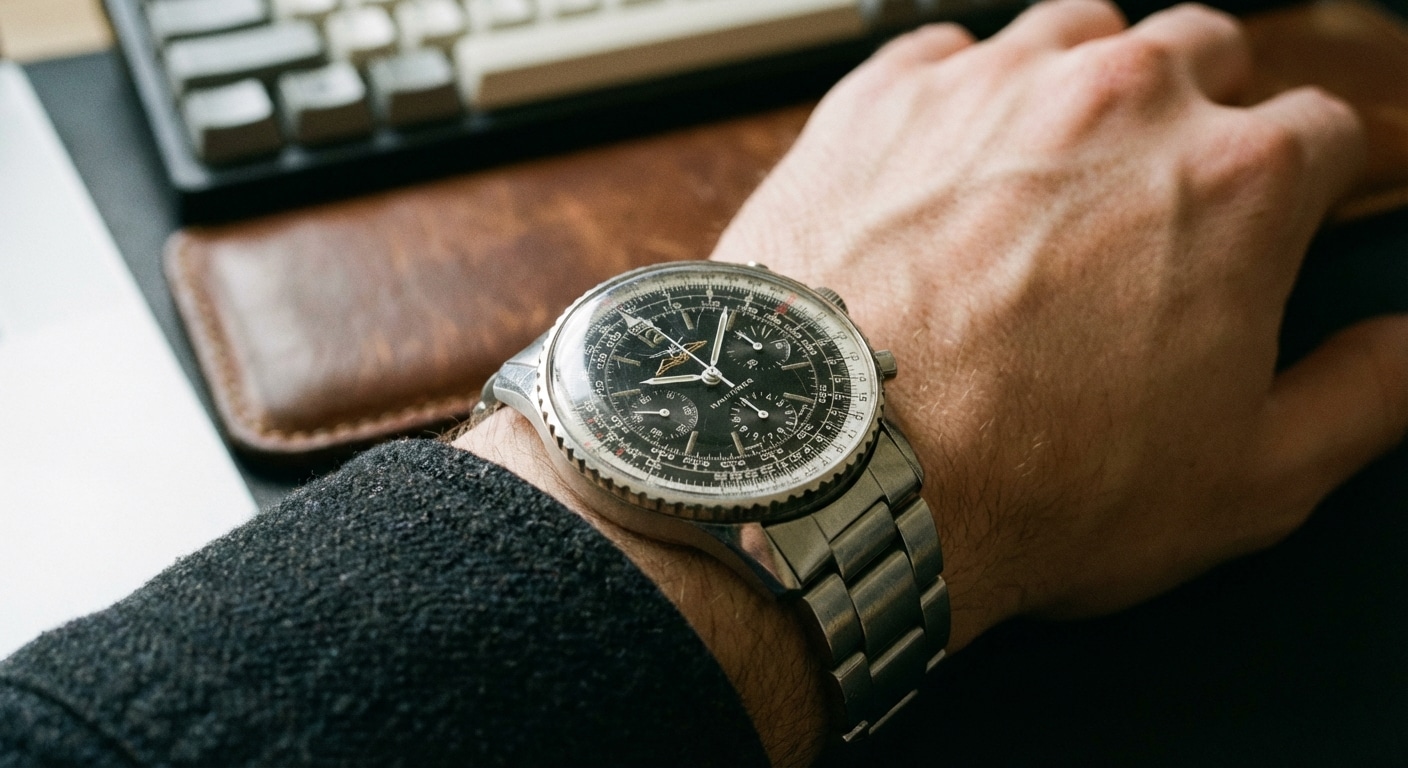 Close-up of a 43mm Breitling Navitimer on a 16.5cm wrist showing the downward curvature of the lugs and slide rule bezel compression