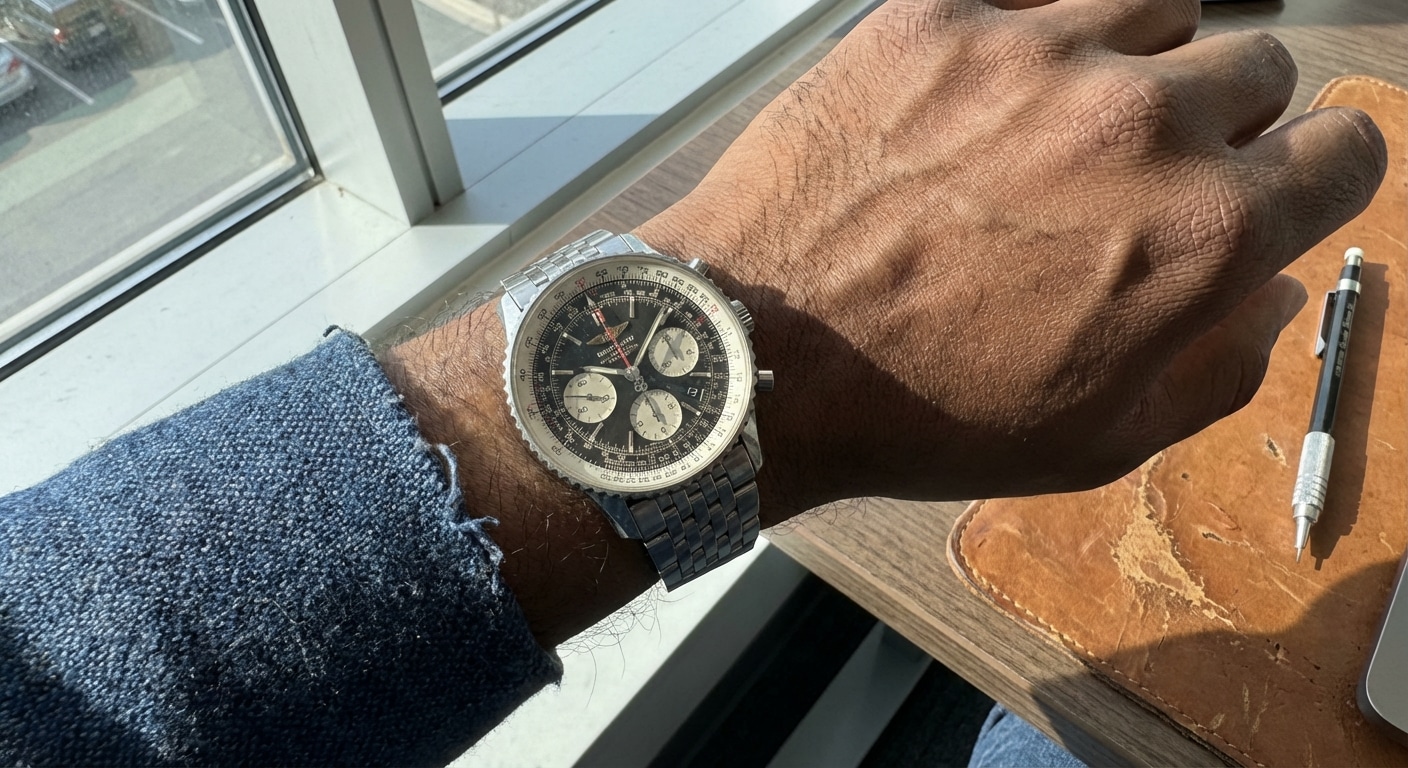 Overhead view of a 46mm Navitimer on a small wrist casting a distinct shadow beneath the overhanging lug tips