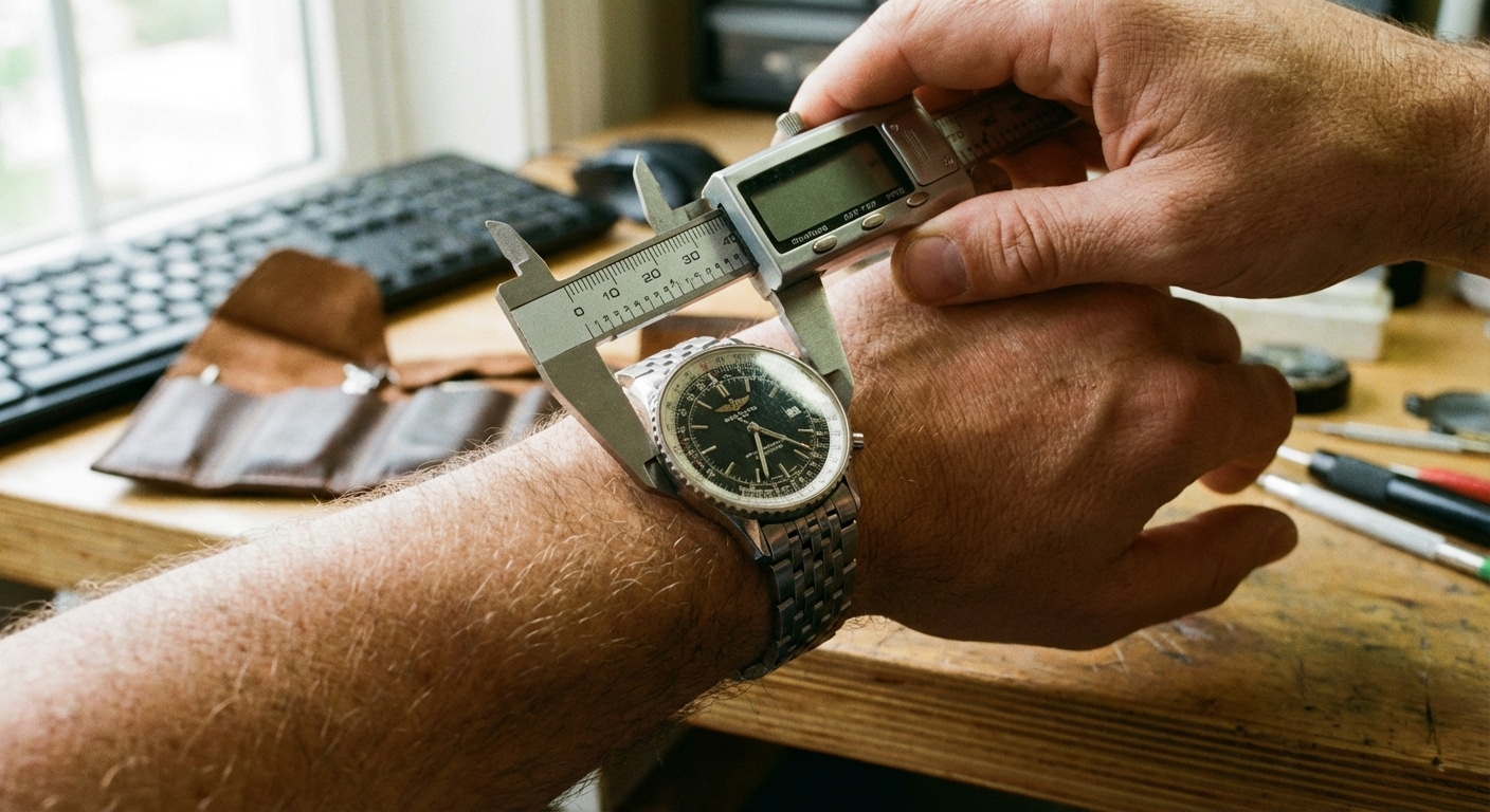Digital calipers measuring the lug-to-lug distance of a 40mm Breitling replica case on a 16.5cm wrist