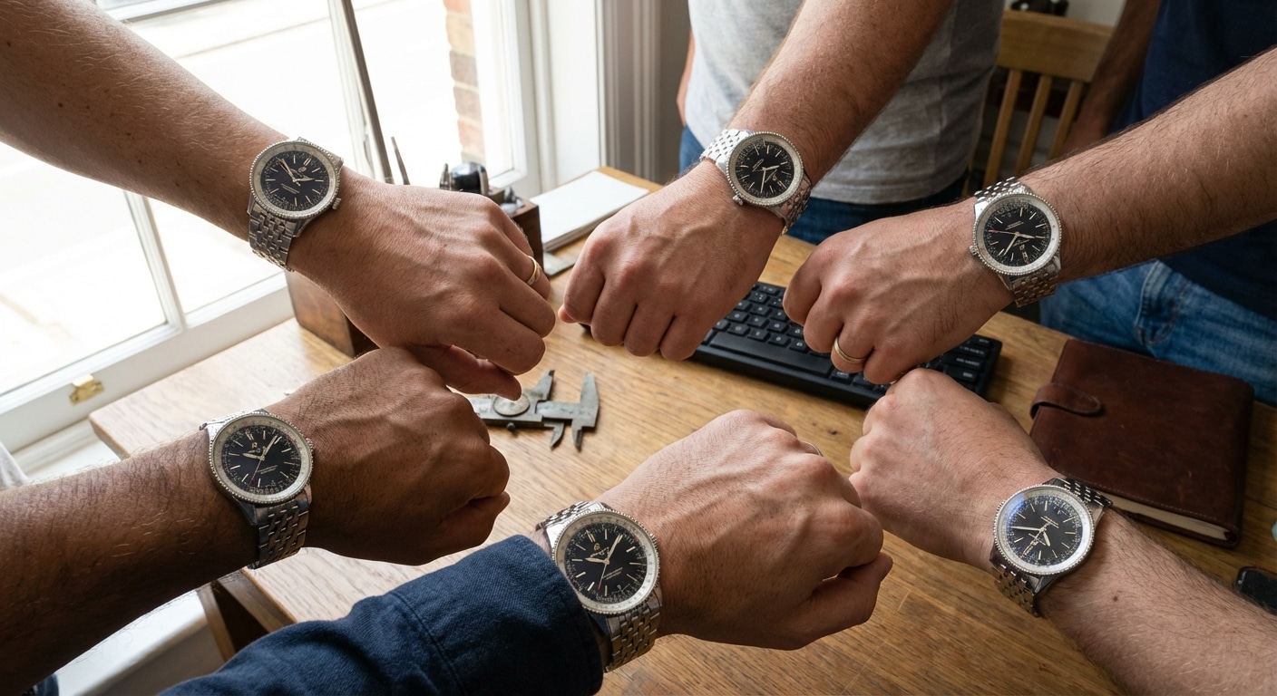 Five diverse wrists ranging from 15cm to 17cm wearing the exact same 40mm Breitling Navitimer replica to demonstrate visual scale