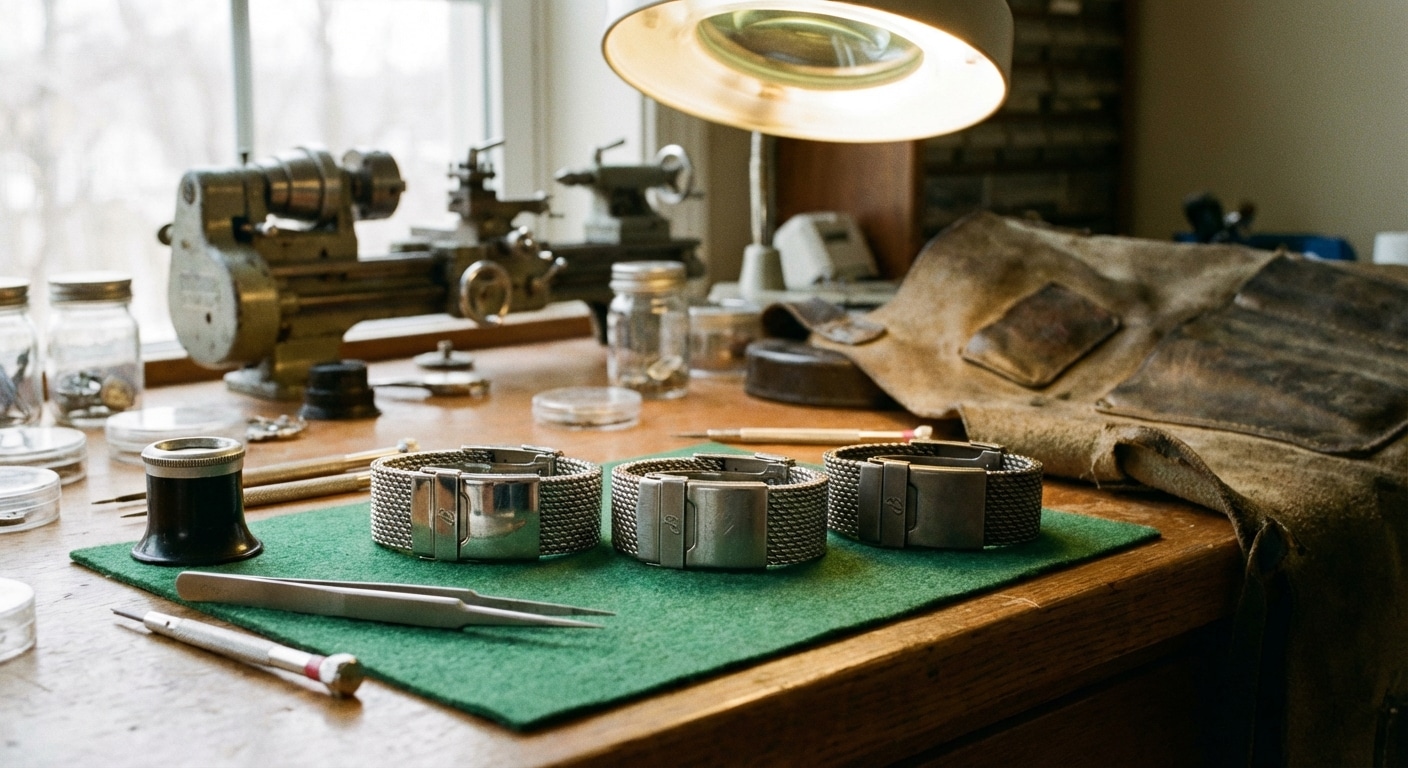 Close-up view of three different Breitling-style mesh bracelet clasps resting on a watchmaker bench under a magnifying lamp