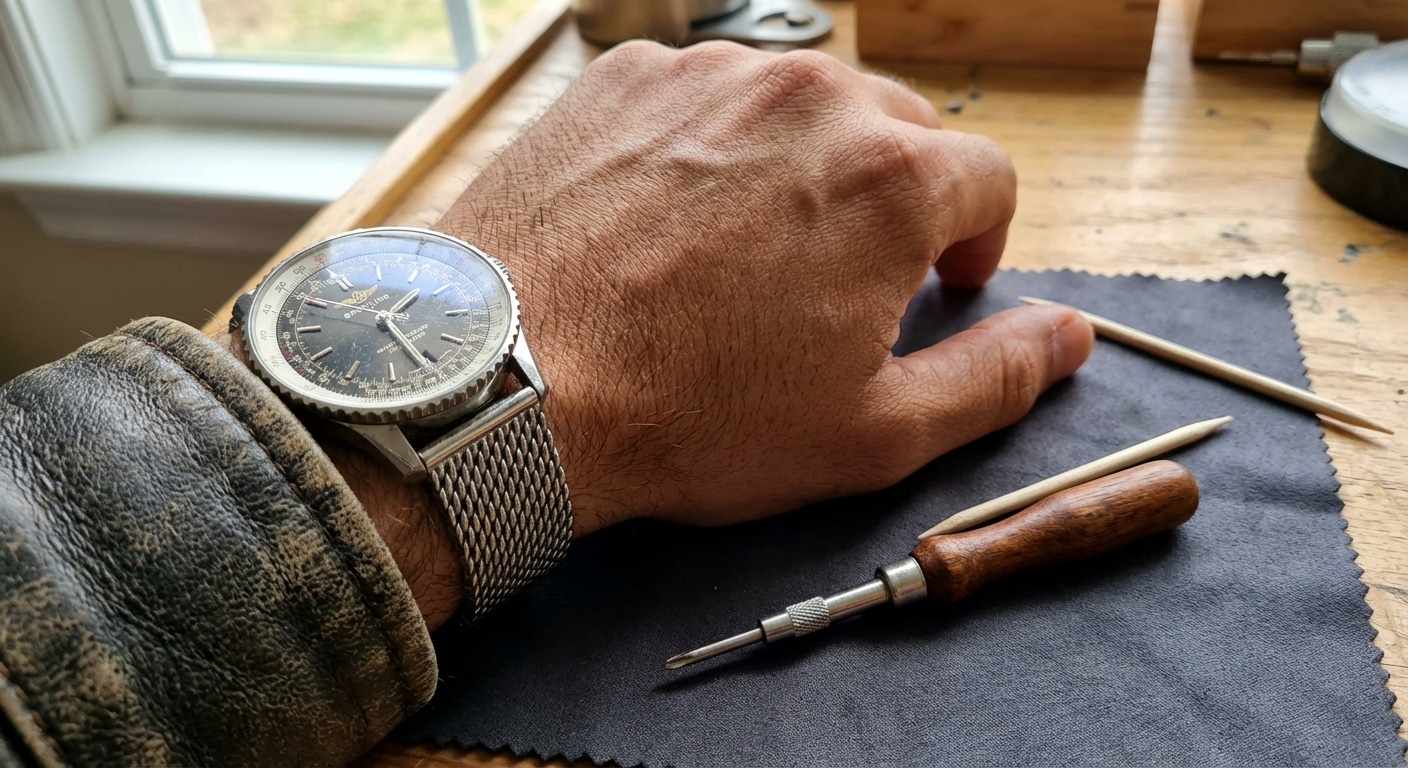 A hollow-ground screwdriver and a wooden cuticle stick laid out next to a heavy-gauge steel mesh watch bracelet on a microfiber mat