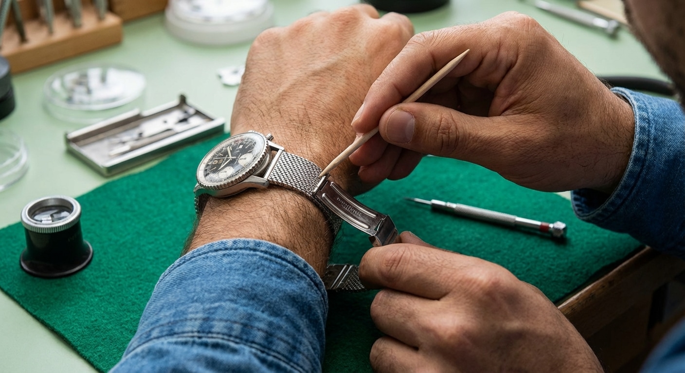 Hands using a wooden cuticle stick to gently pry open the locking cam of a sliding rail mesh clasp on a watchmaker mat