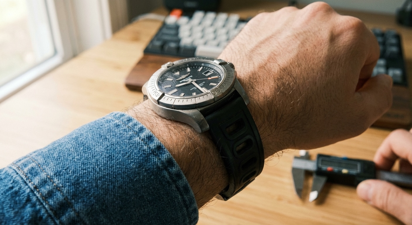 A Breitling Avenger fitted with a black FKM rubber strap showing deeply molded internal ventilation channels