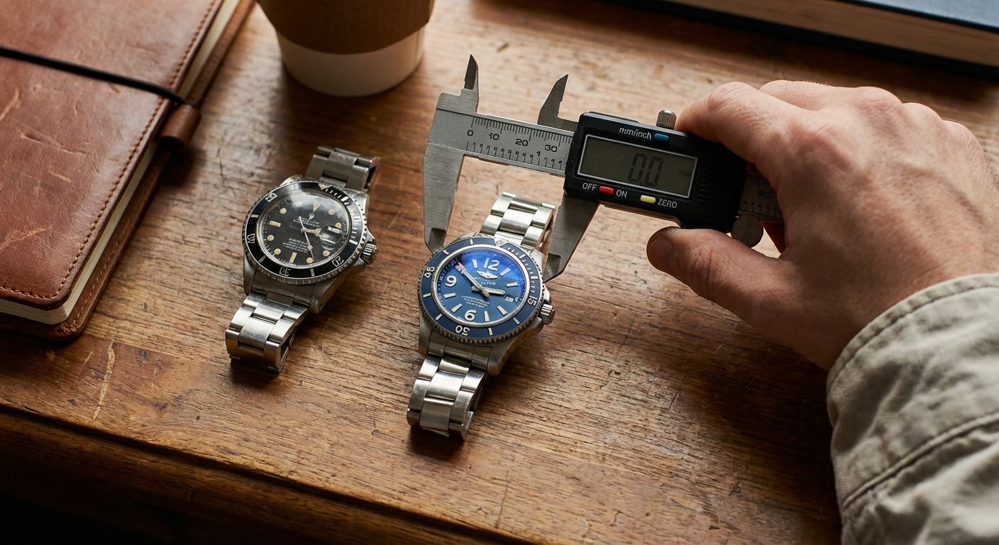 Digital calipers measuring the lug-to-lug distance of a Breitling Superocean next to a Rolex Submariner on a wooden desk