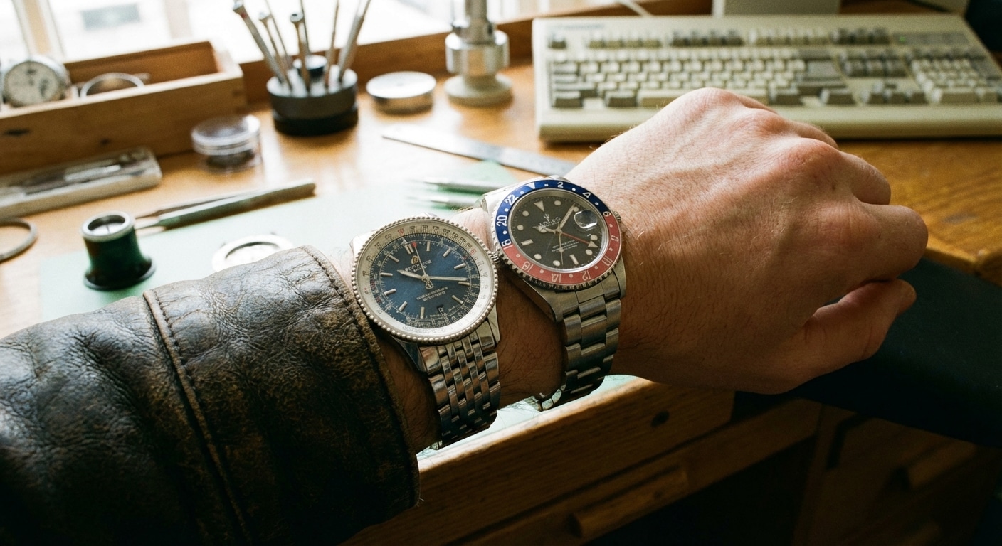 A 41mm Breitling Navitimer and a 40mm Rolex GMT-Master II worn side by side on a 17cm wrist to demonstrate visual scale equivalence