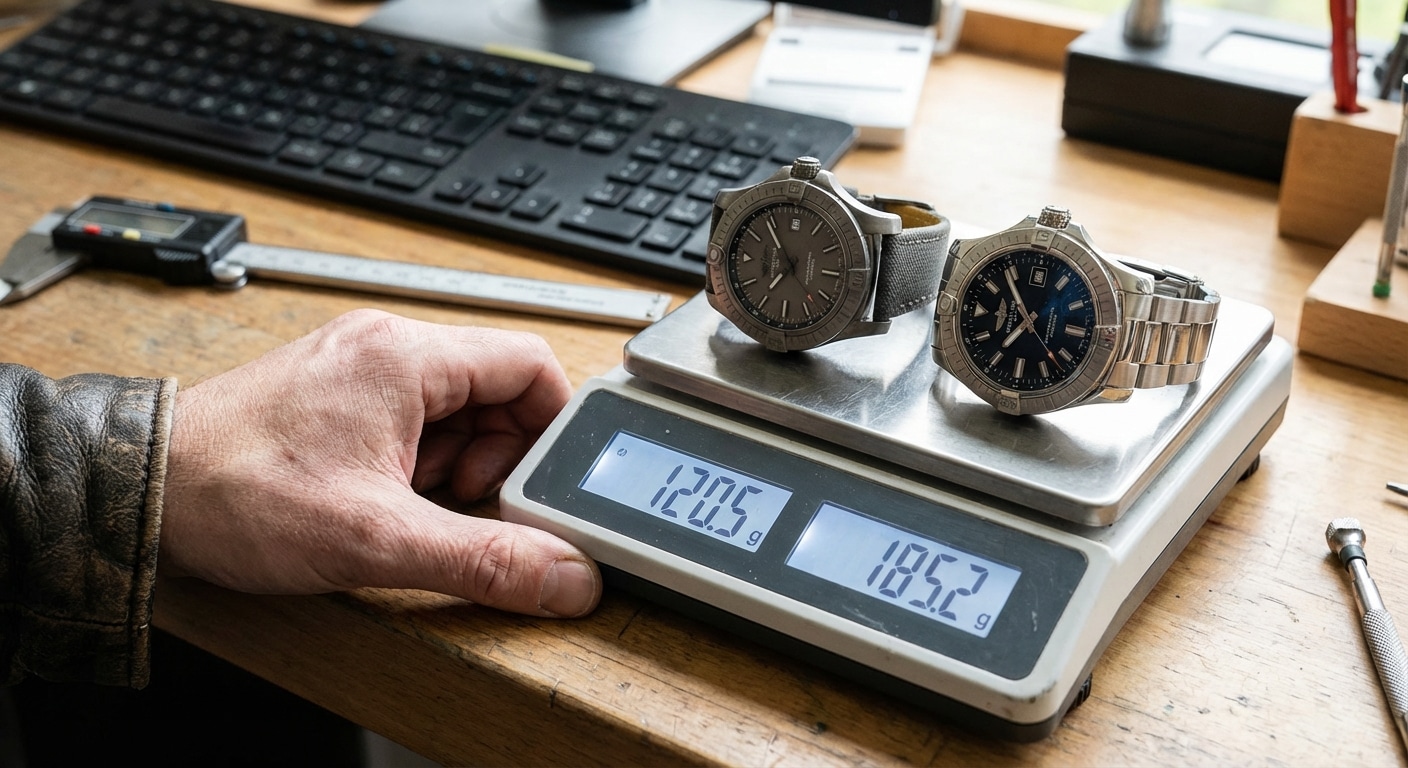 A 44mm titanium Breitling Avenger clone resting next to a stainless steel version on a digital scale showing a stark contrast in gram weight