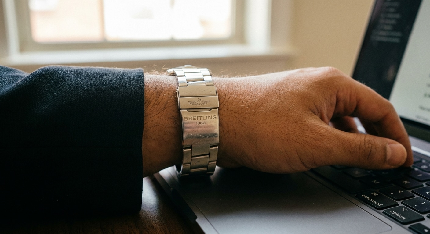 Close up of a 17cm wrist typing on a laptop keyboard showing the thick clasp of a stainless steel Breitling clone pressing into the skin