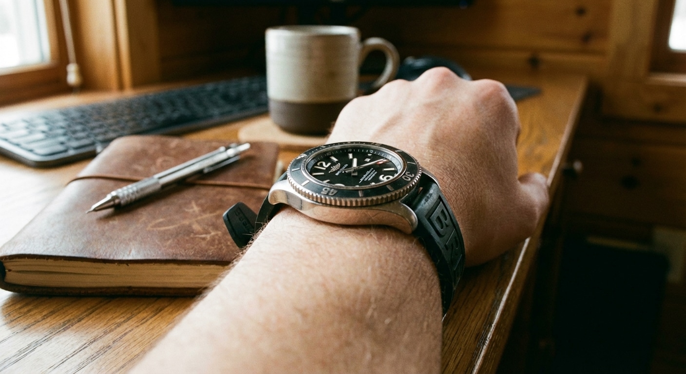 Profile view of a 15.5mm thick Breitling Superocean clone on a wrist highlighting the slab sided case geometry and lug overhang