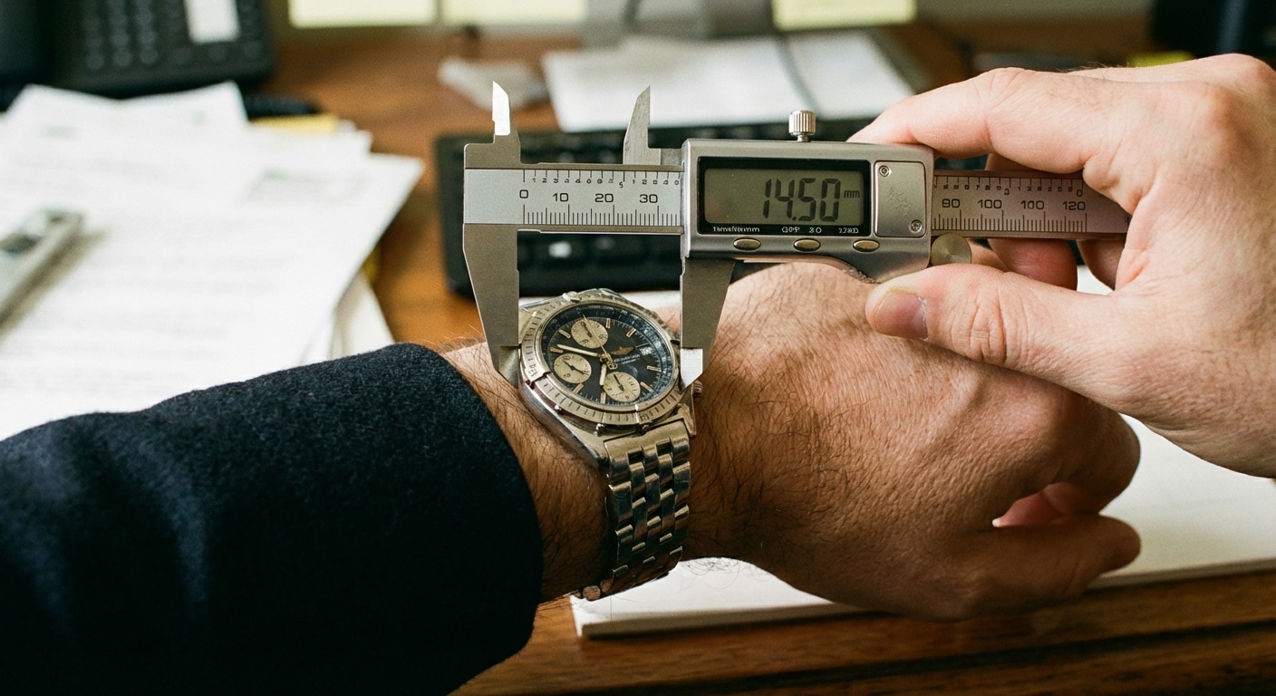 A digital caliper measuring the 14.5mm case thickness of a steel Breitling chronograph against a tailored merino wool jacket sleeve.