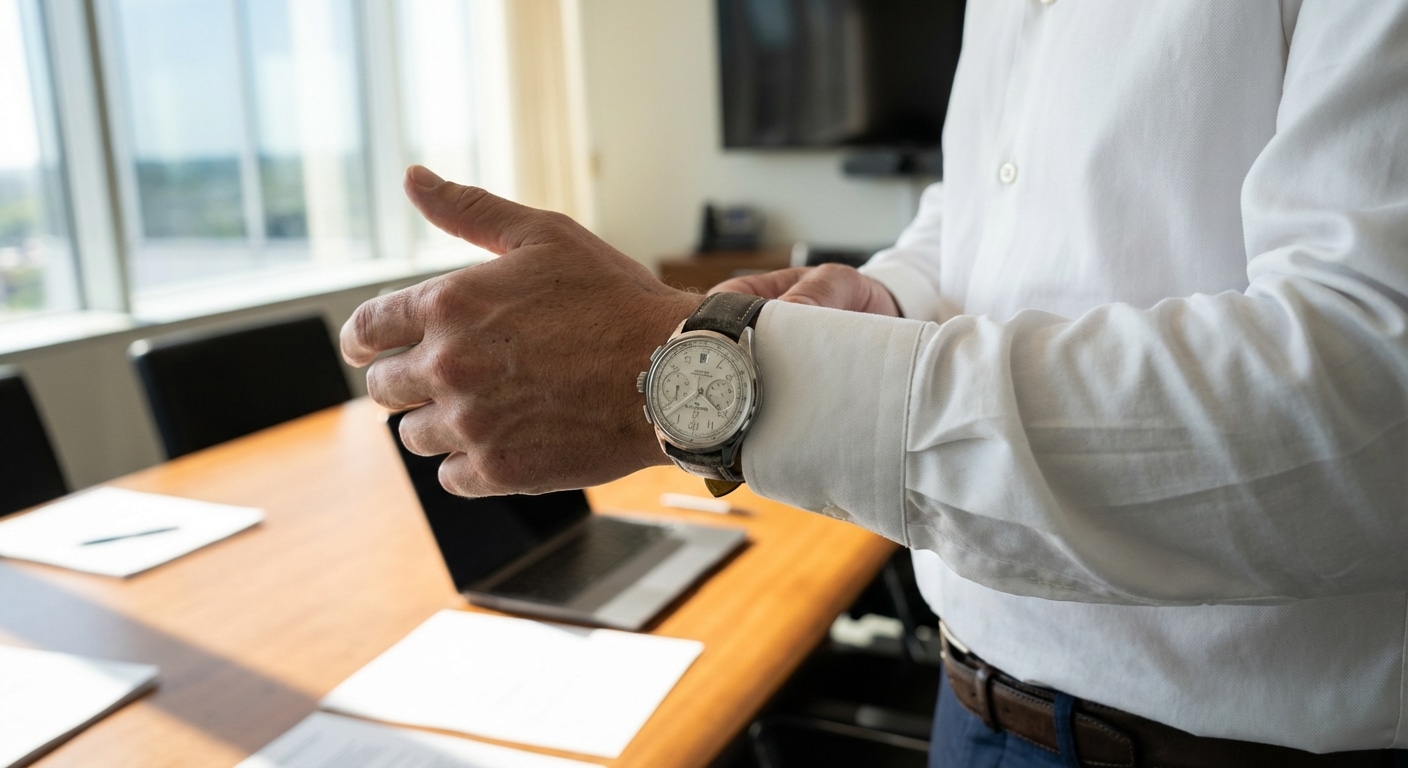A Breitling Premier B09 sliding effortlessly under a crisp white 120-thread-count dress shirt cuff during a boardroom presentation.