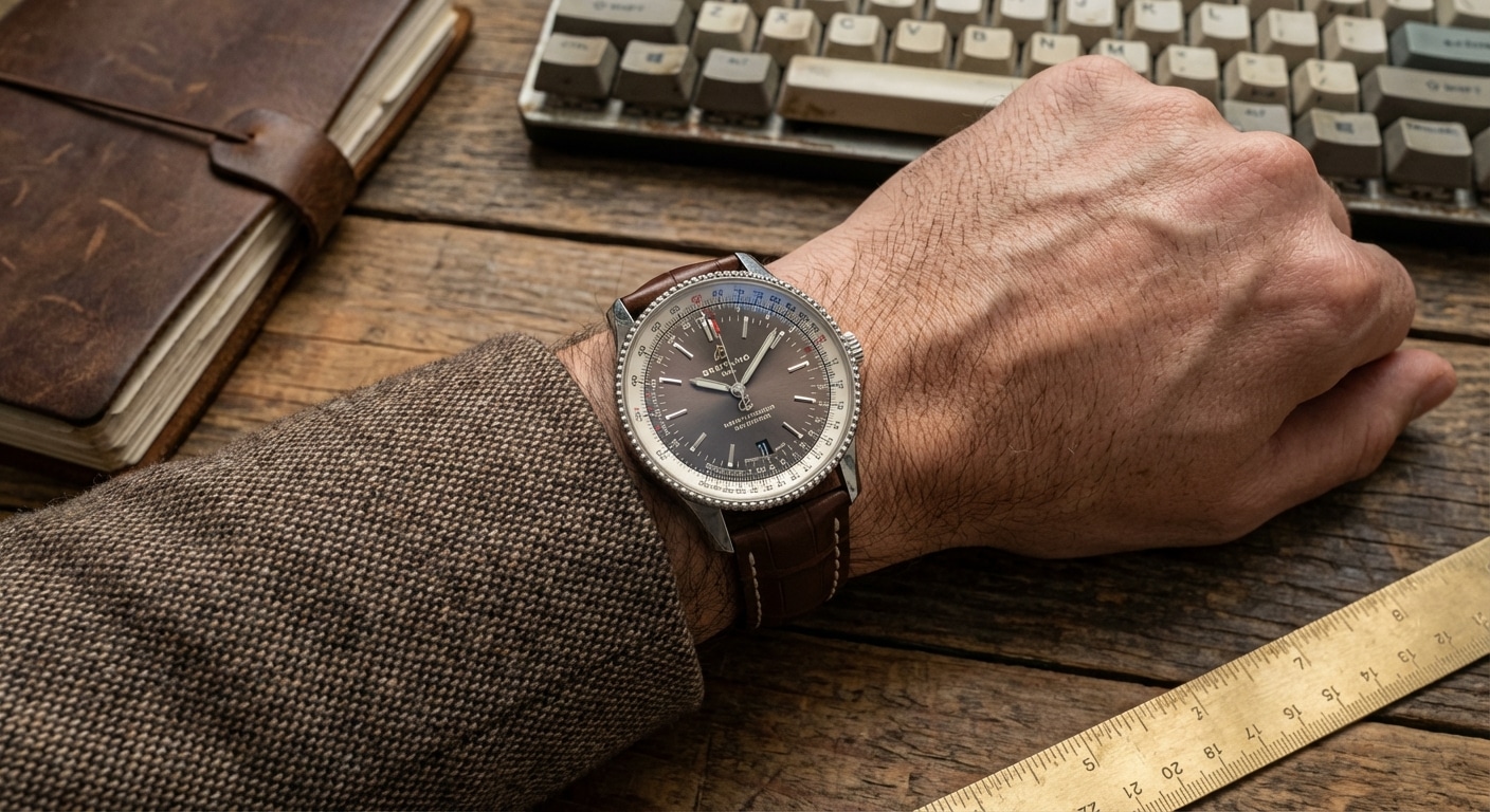 A 41mm Breitling Navitimer on a matte alligator leather strap paired with an unstructured tweed blazer resting on a wooden desk.