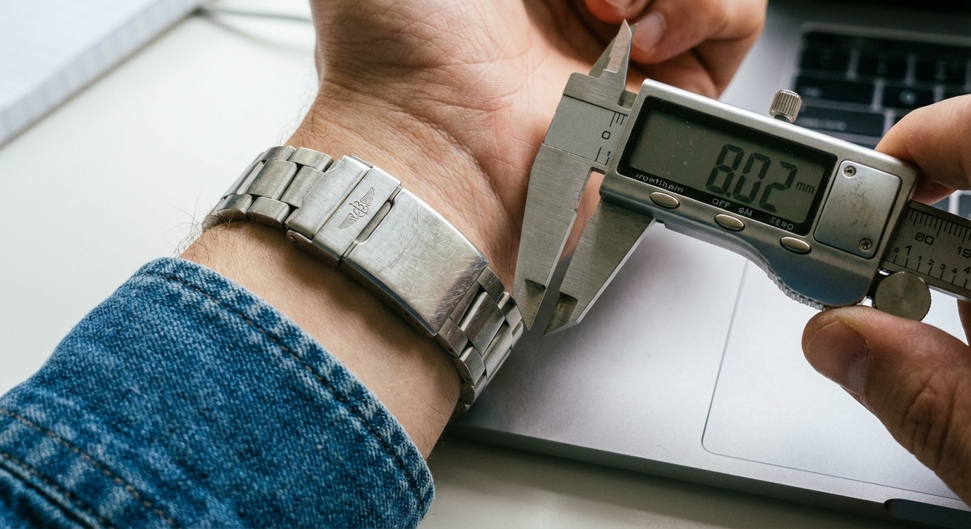Calipers measuring the 8mm thickness of a folded Breitling deployment clasp resting against an aluminum laptop palm rest