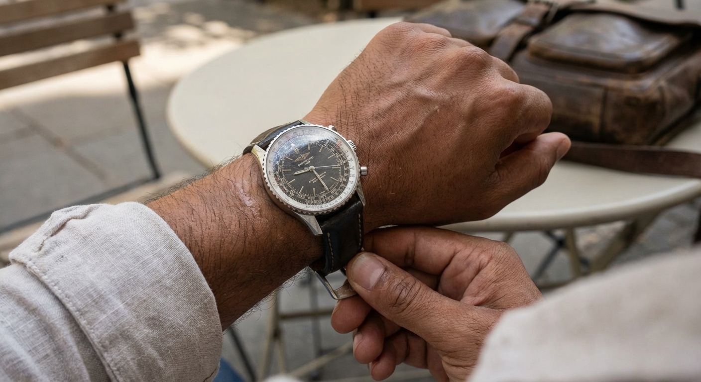 A wearer quickly adjusting a tang buckle pin to a looser hole on a hot afternoon to accommodate natural wrist swelling