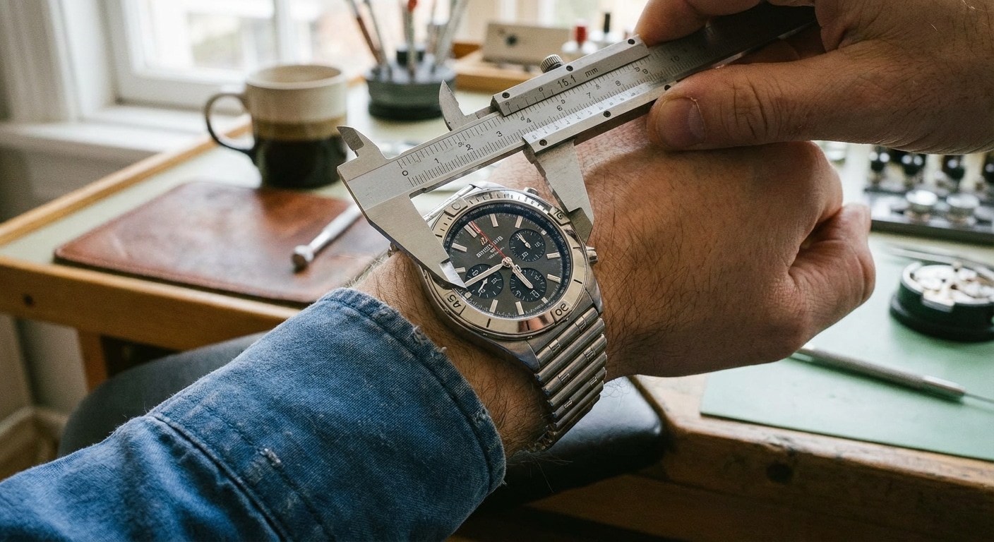 Calipers measuring the 15.1mm case thickness of a Breitling Chronomat 42mm alongside the factory Rouleaux steel bracelet