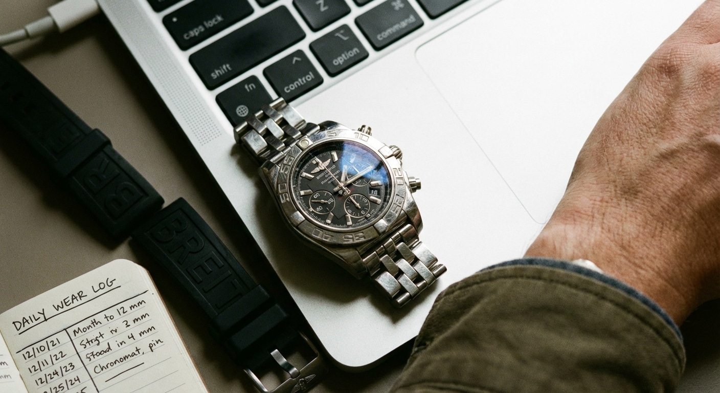 A daily wear log charting the Breitling Chronomat 42mm resting on an aluminum laptop keyboard next to a rubber strap
