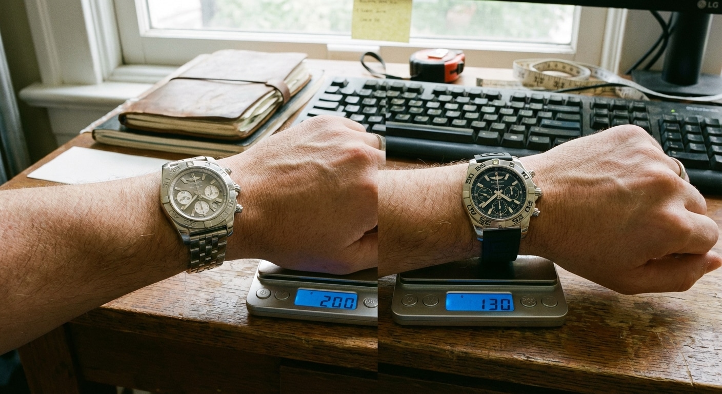 Side by side weight comparison showing the Breitling Chronomat 42mm on steel at 200 grams versus the rubber strap configuration at 130 grams