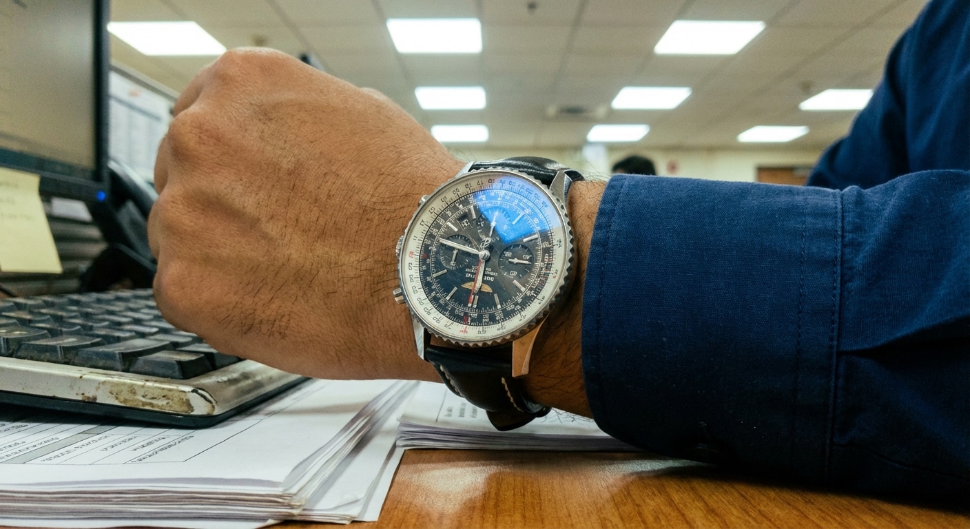 A 43mm Breitling Navitimer clone on a medium skin tone wrist, showing harsh blue glare from overhead office LED panels obscuring the slide rule dial