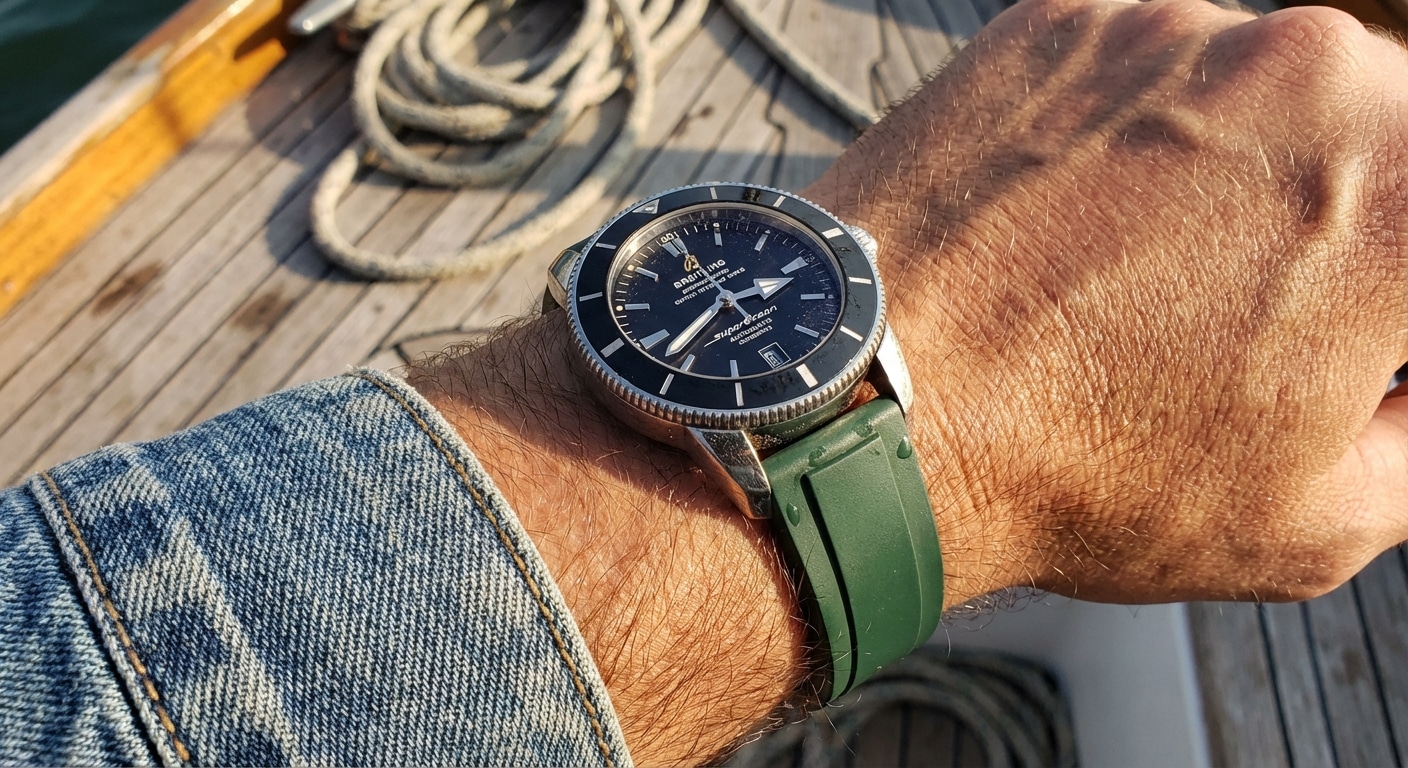 A 42mm Breitling Superocean Heritage replica on a green rubber strap worn outdoors in direct sunlight, showing slight sweat pooling near the lugs