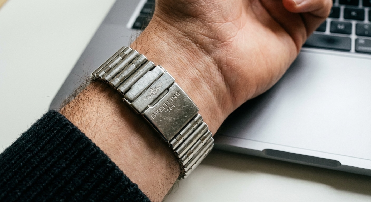 Macro shot of a Breitling Chronomat Rouleaux bracelet butterfly clasp resting on a silver laptop, highlighting heavy micro-scratching on the cylindrical links
