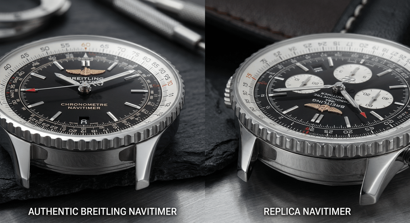 Close-up comparison of replica and authentic Breitling Navitimer slide rule bezels showing machining differences under studio lighting