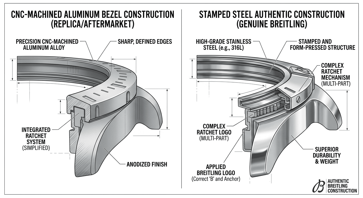 Cross-section diagram showing CNC-machined aluminum bezel construction versus stamped steel authentic construction